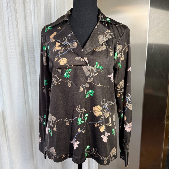 Vintage 70s blouse, chocolate brown, pink, tan floral, long sleeves, 12/14 (L) - Picture 1 of 9